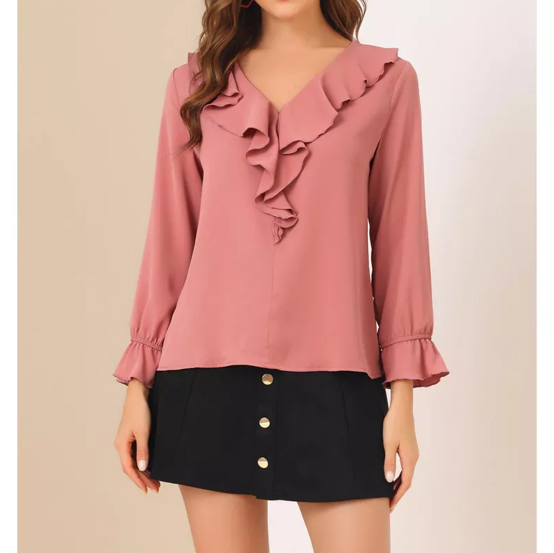 Womens Ruffle V Neck Flounce Long Sleeve Light Chiffon Blouse