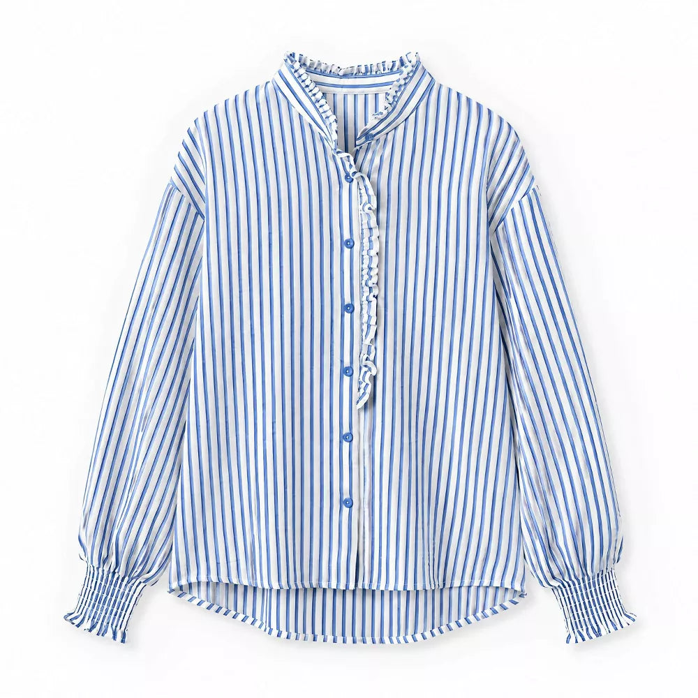 Womens Ruffle Stand Collar Striped Button Down Balloon Sleeve Blouse