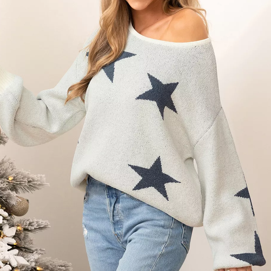 Womens Oversized Star Pattern Off Shoulder Knit Pullover