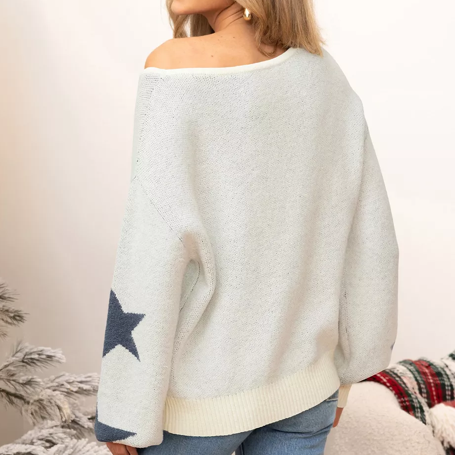 Womens Oversized Star Pattern Off Shoulder Knit Pullover